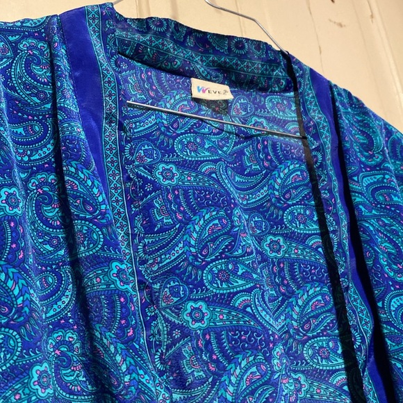Silk Robe Paisley Turquoise Indigo Flowers With Belt - Picture 6 of 8